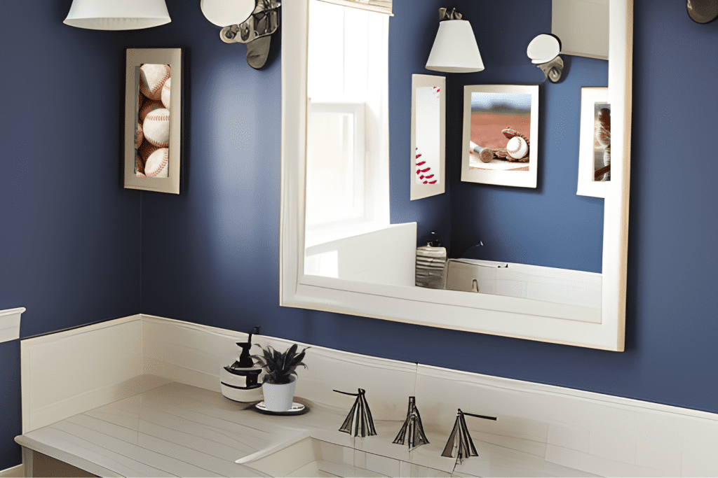 Man Cave Bathroom Ideas on a Budget with baseball and navy walls