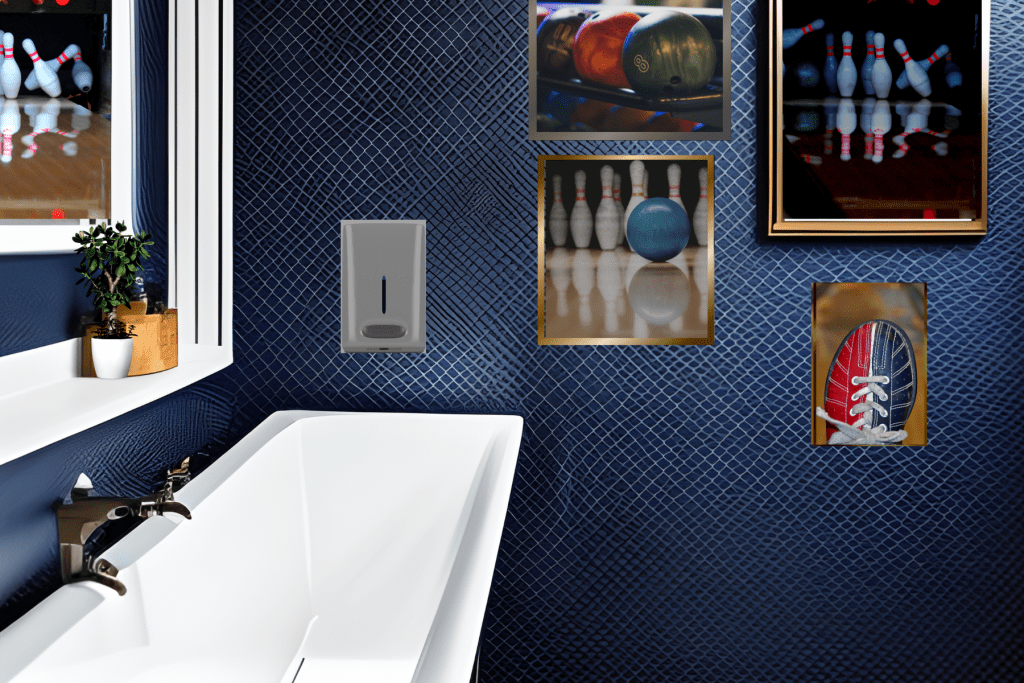 Man Cave Bathroom Ideas with bowling and navy walls