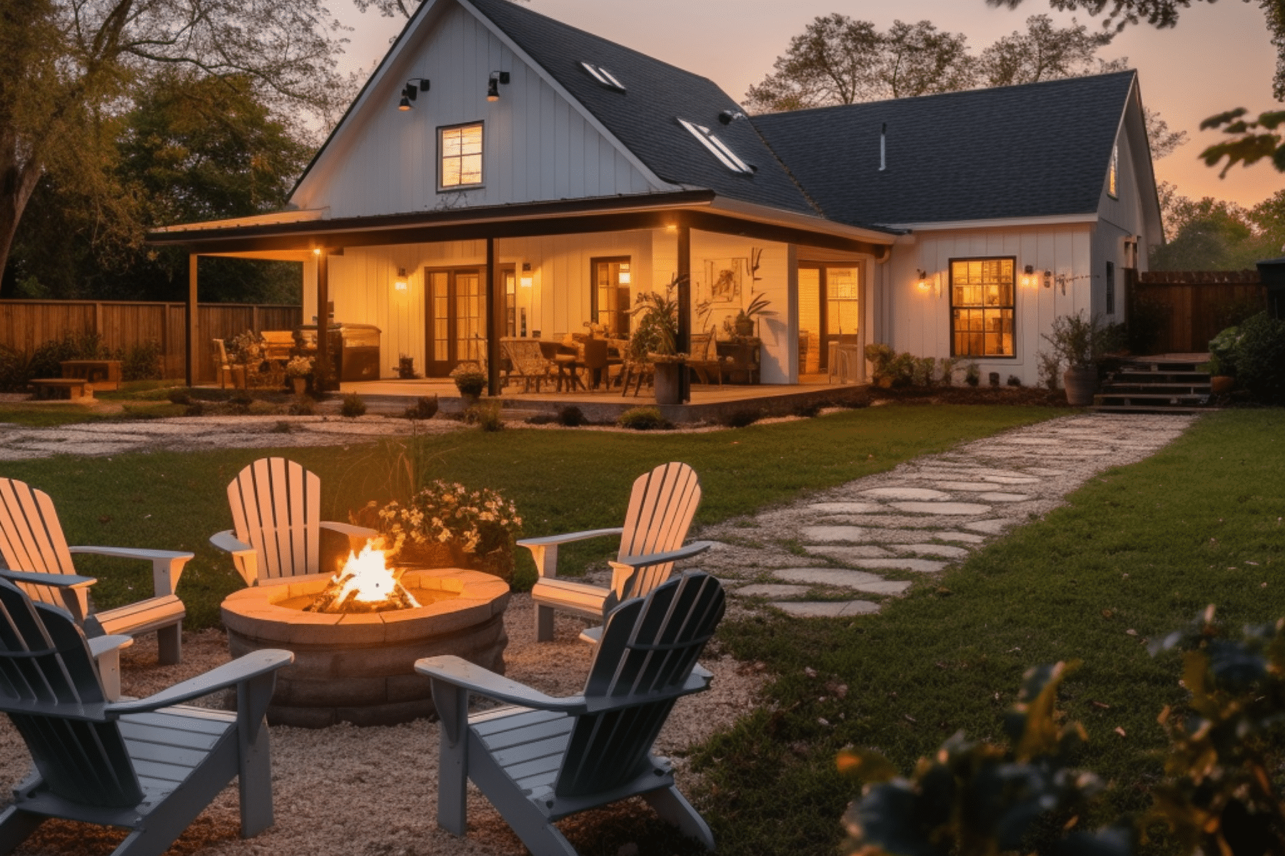 Farmhouse Backyard Ideas with cozy fire pit