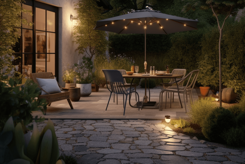 Farmhouse Backyard Ideas with evening lighting
