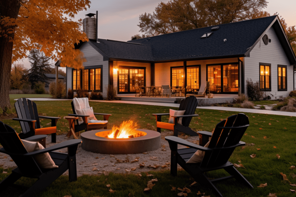 Farmhouse Backyard Ideas with firepit in modern backyard
