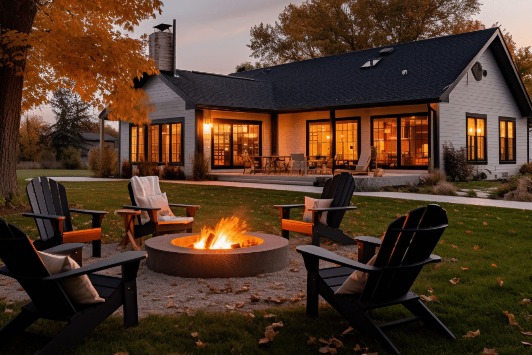 Farmhouse Backyard Ideas with firepit in modern backyard