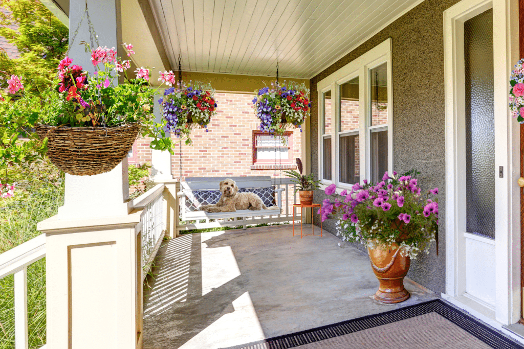 Farmhouse Backyard Ideas with front porch swing