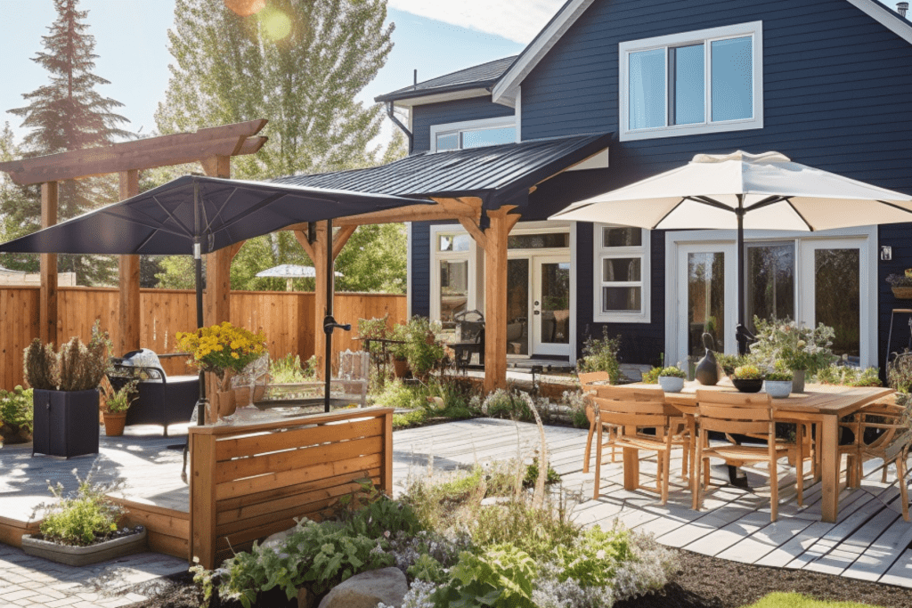 Farmhouse Backyard Ideas with modern dining area