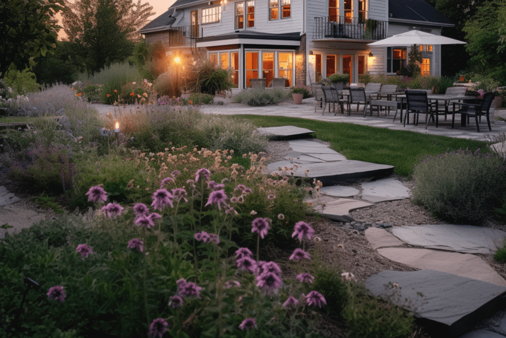Farmhouse Backyard Ideas with stone pathway
