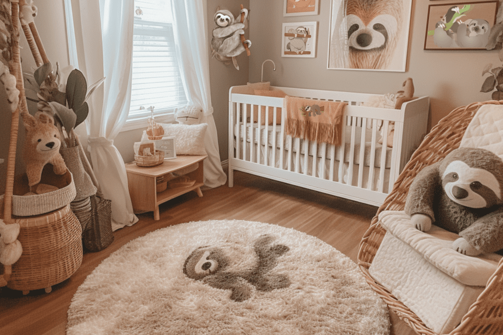 Sloth Nursery Decor Theme Ideas add a rug and throw