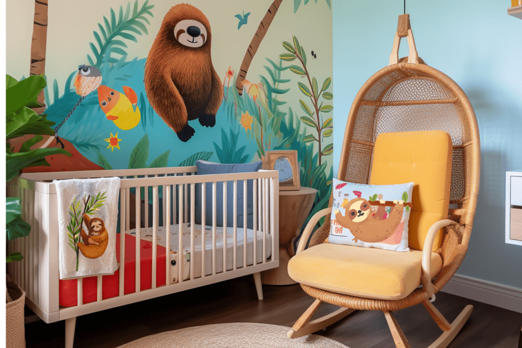Sloth Nursery Decor Theme Ideas wall with a blanket