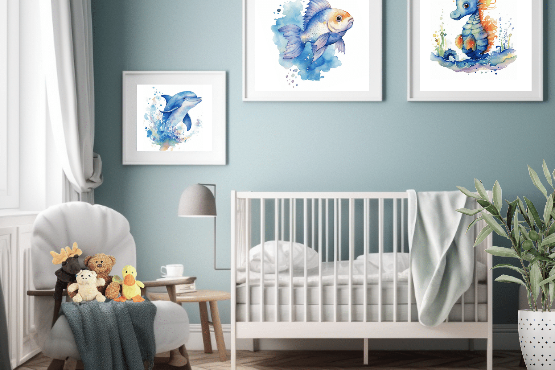 Watercolor Ocean Themed Nursery Wall Art sizing options