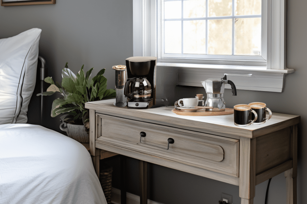 best coffee bar station in the bedroom on corner table area