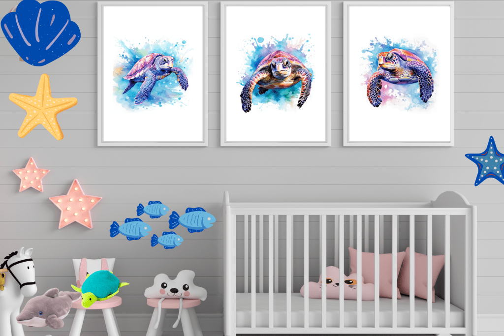 Watercolor Sea Turtle Themed Nursery Wall Art