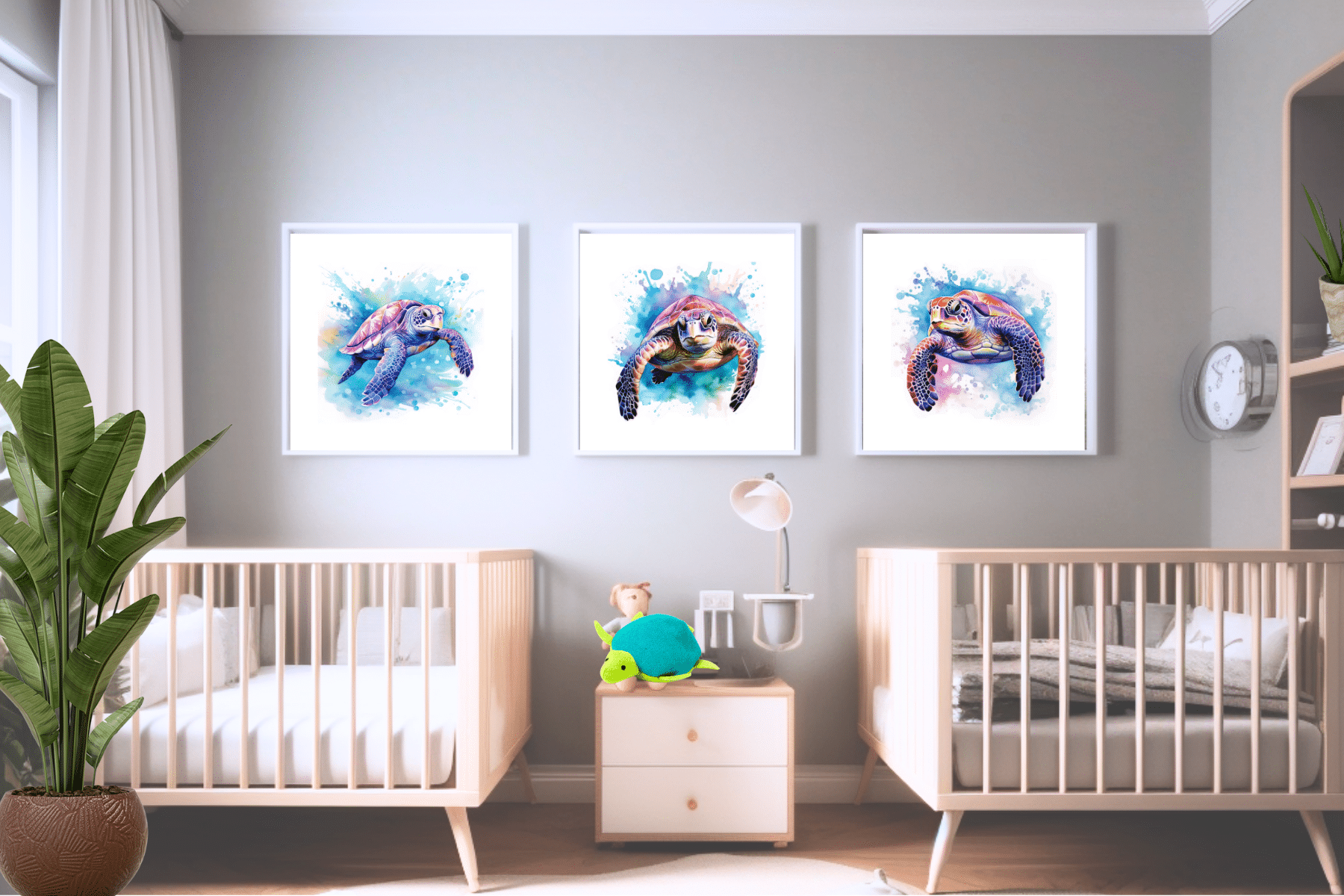 Watercolor Sea Turtle Themed Nursery Wall Art download prints