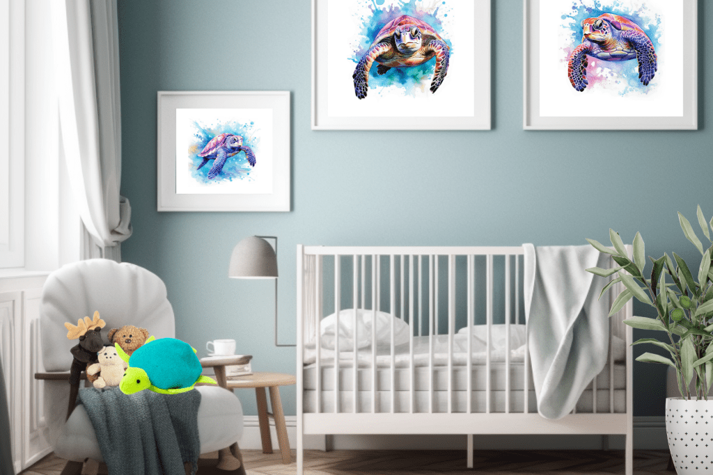Watercolor Sea Turtle Themed Nursery Wall Art sizing options
