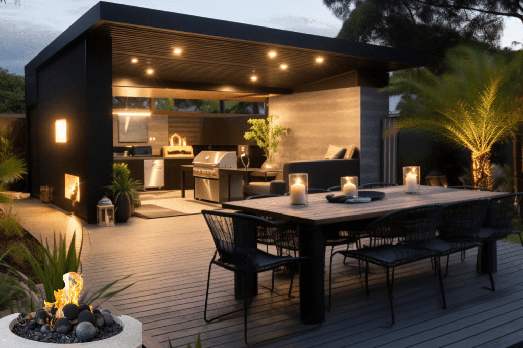 backyard bbq shed ideas with firepit
