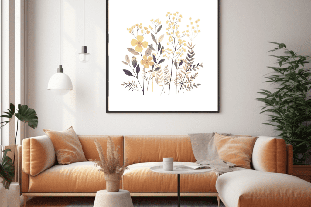printable botanical wall art above the couch