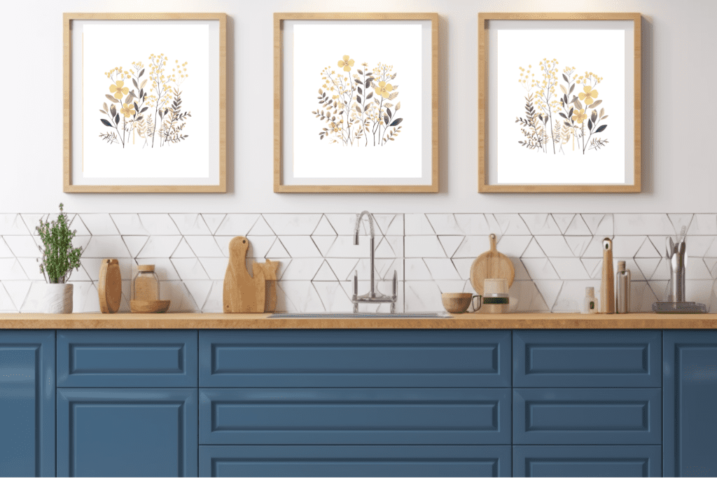 printable botanical wall art in the kitchen