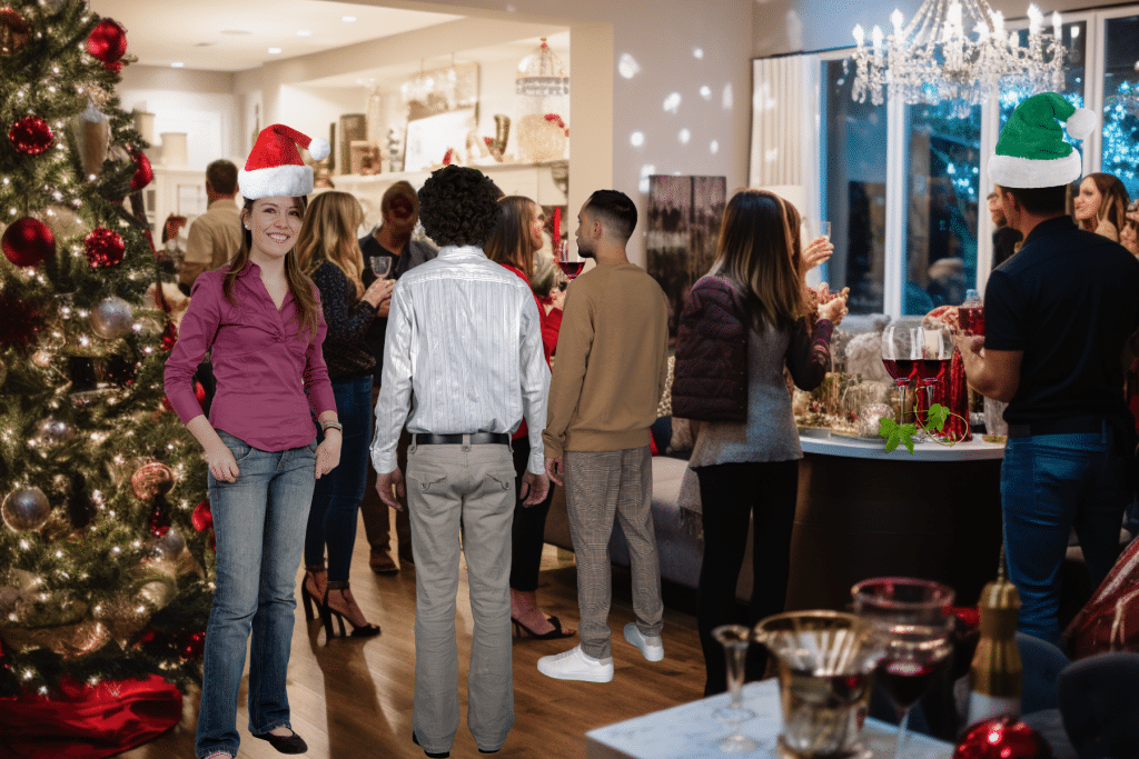People mingling during holiday wine party