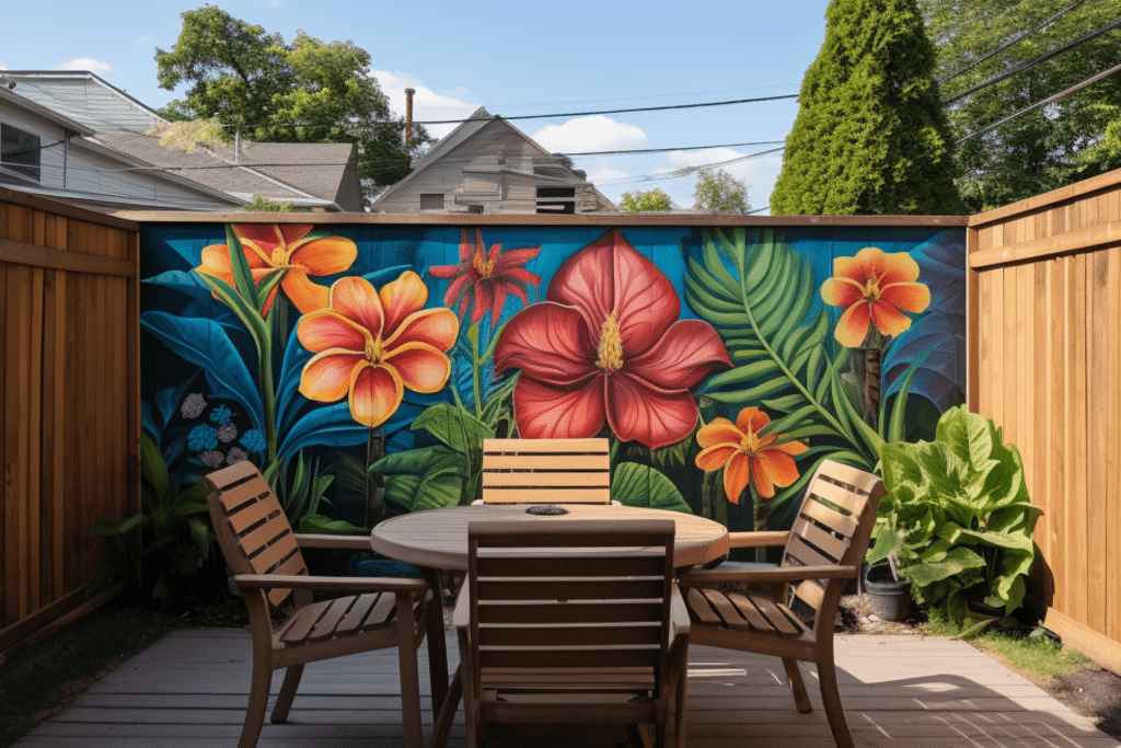 backyard mural ideas with bright floral tropical flowers