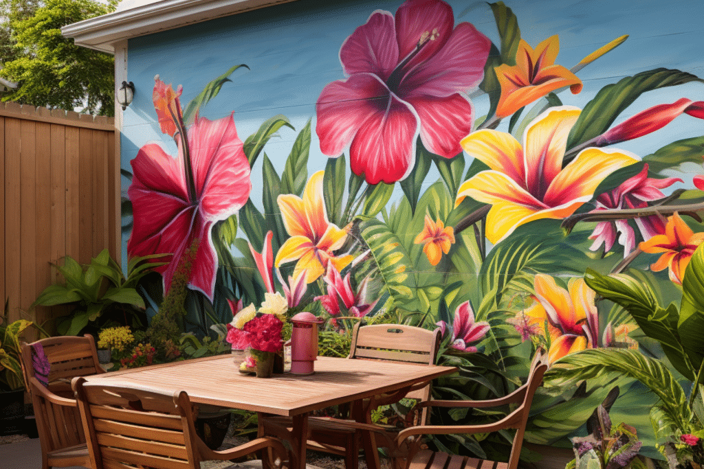 backyard mural ideas with tropical inspired floral plants