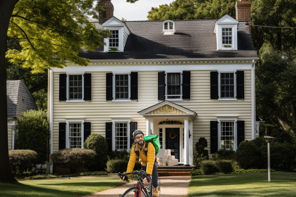 delivery bike driver in front of house address sign