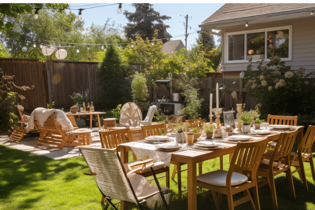 table set for backyard housewarming party