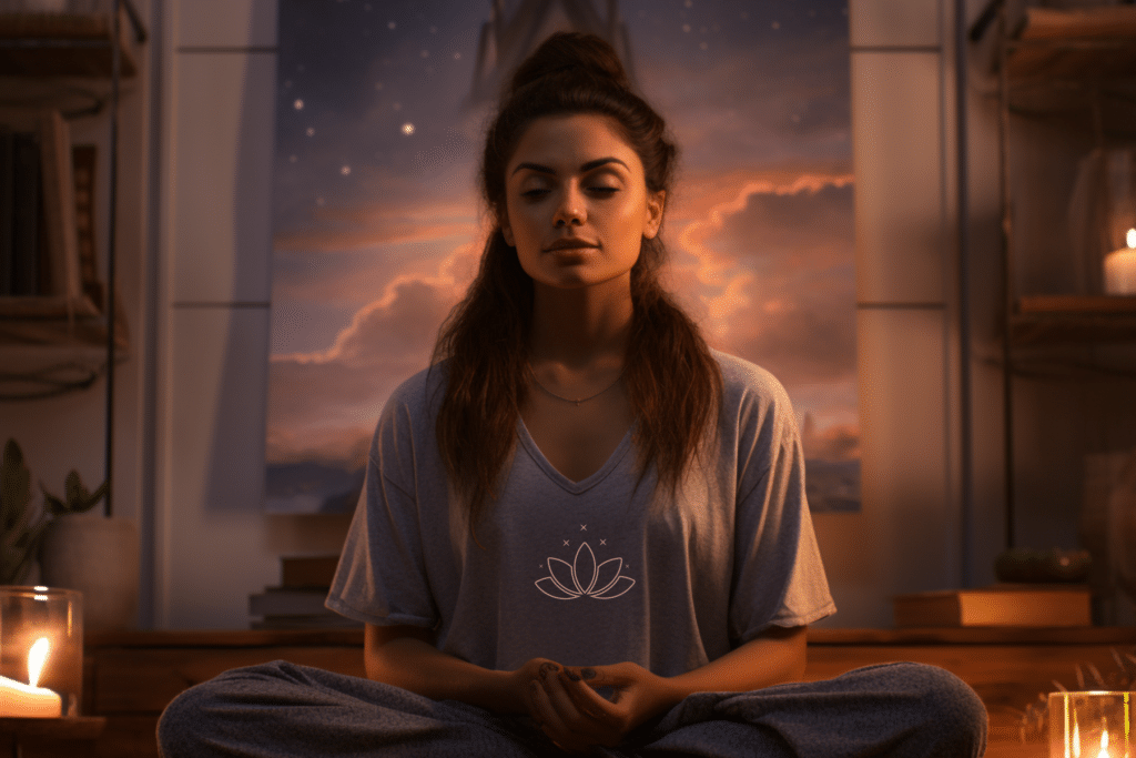 Young woman meditating in the home meditation room