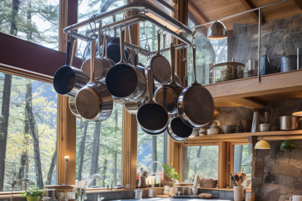 cabin kitchen decor ideas pots and pans in the ceiling