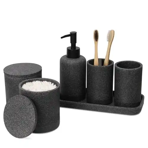 ZCCZ – Black Bathroom Accessories Set 6 Pcs – Toothbrush Holder, Lotion Soap Dispensers, 2 Qtip Holder Dispenser, Vanity Tray, Bathroom Tumbler – Countertop Vanity Organizer – ...