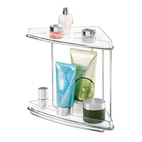 mDesign Steel/Plastic Freestanding Countertop Corner Shelf Organizer with 2-Tier Storage for Bathroom, Vanity, Cabinet, Counter - Holds Makeup, Bath Gel - Prism Collection - Clear