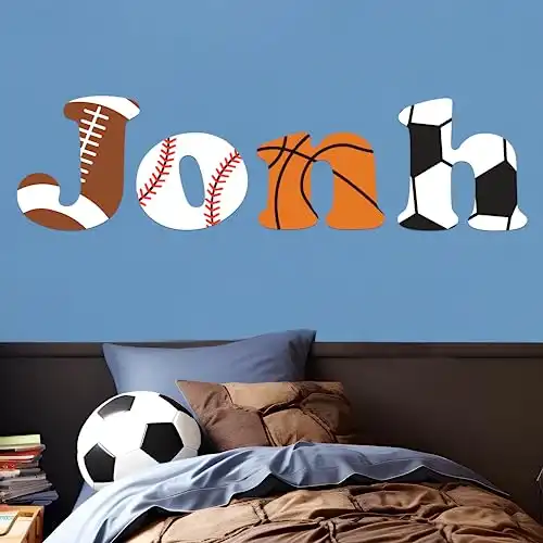 e-Graphic Design Inc Custom Name with Initial and Sports Balls Design Wall Decal I Soccer Baseball Basketball Football Wall Art I Wall Stickers I for Home Nursery Decoration (Wide 40″x11″ ...