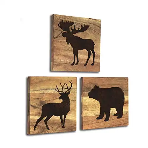 Real Wooden Cabin Decor with Bear, Deer and Moose (Set of 3) – Woodland Rustic Wall Decoration Animal Pictures