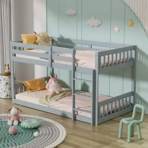 JOYMOR Twin Over Twin Bunk Bed for Kids Children Teens, Solid Wood Bunk Bed Frame with Ladder and Guard Rail Space Saving Beds Frames for Bedroom, Gray (Mattress not Included)