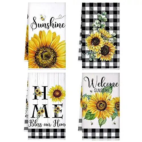 Bencailor 4 Pcs Sunflower Kitchen Towels Lemons Cat Kitchen Dish Towels Kitchen Dish Cloths Fast Drying Kitchen Rug Kitchen Decor for Home Cleaning Cooking Baking, 16 x 24 Inch (Classic,Sunflower)