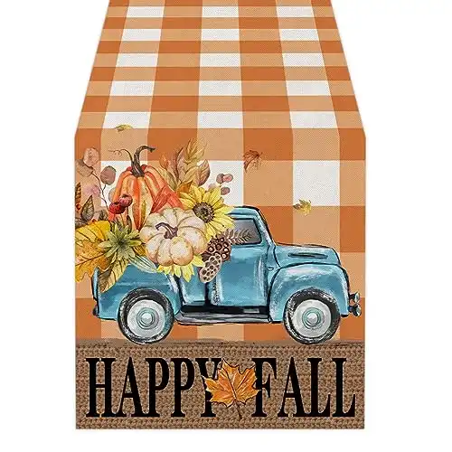 ARKENY Happy Fall Thanksgiving Table Runner 13×72 Inches,Pumpkins Leaves,Seasonal Burlap Farmhouse Blue Truck Indoor Outdoor Autumn Table Runner for Home (Orange Plaid)