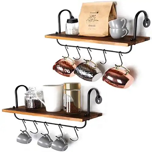 Olakee Floating Wall Shelves for Kitchen Bathroom Coffee Nook with 10 Adjustable Hooks for Mugs Cooking Utensils or Towel Rustic Storage Shelves Set of 2/17×5.9 inch (Carbonized Black)