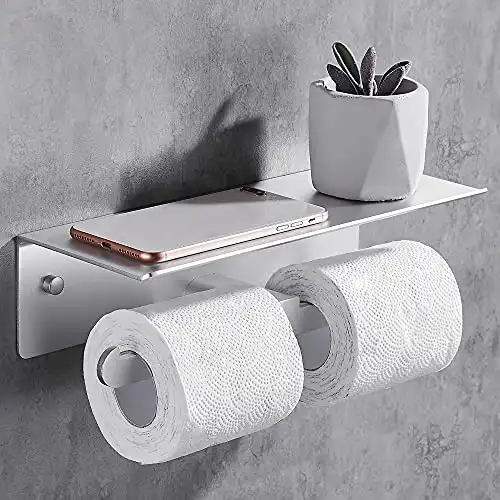 Gricol Double Toilet Paper Holder with Shelf Wall Mount, Dual Self Adhesive Roll Tissue Holder for Mobile Phone Storage, Aluminum Rustproof Commercial Toilet Paper Dispenser