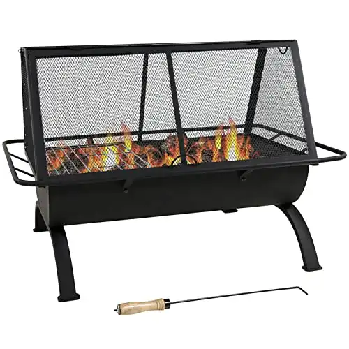 Sunnydaze 36-Inch Northland Outdoor Rectangular Fire Pit with Cooking Grill, Poker, and Spark Screen – Black Finish