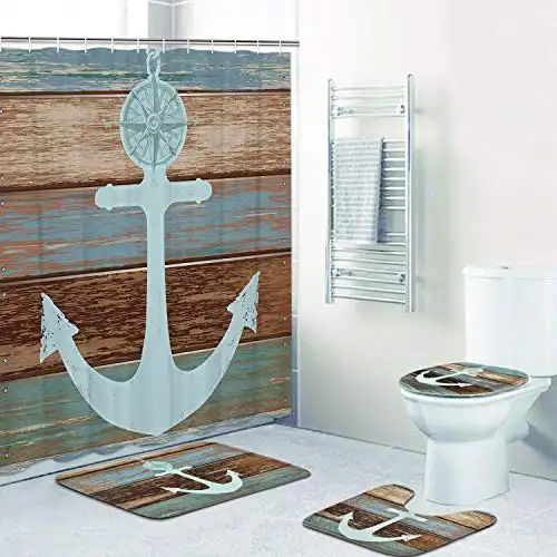 4 Piece Anchor Shower Curtain Sets with Non-Slip Rugs, Toilet Lid Cover and Bath Mat, Nautical Anchor Rustic Wood Shower Curtain with 12 Hooks, Waterproof Shower Curtain