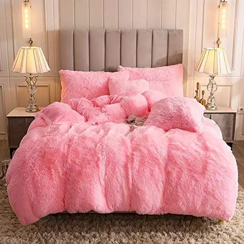 Uhamho Faux Fur Velvet Fluffy Bedding Duvet Cover Set Down Comforter Quilt Cover with Pillow Shams, Ultra Soft Warm and Durable (Pink, Queen)