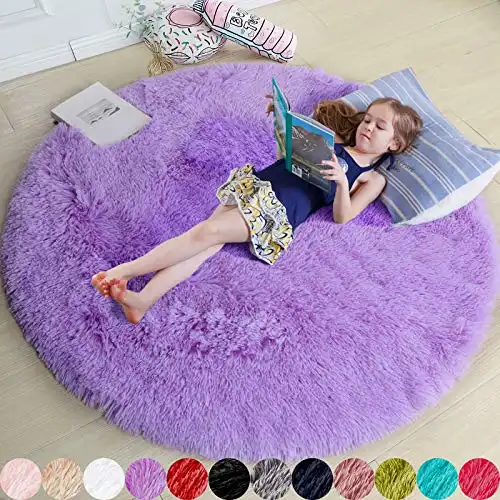Purple Round Rug for Bedroom,Fluffy Rug 4'X4' for Kids Room,Furry Carpet for Teen's Room,Shaggy Rug for Nursery Room,Fuzzy Plush Rug for Dorm,Cute Room Decor for Baby