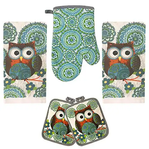 Lobyn Value Packs Kitchen Towel 5 Piece Linen Set 2 Towels 2 Pot Holders 1 Oven Mitt (Owl)