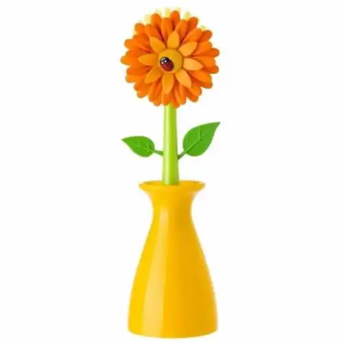 VIGAR Flower Power Orange Dish Brush with Vase, 10-Inches, Orange, Green