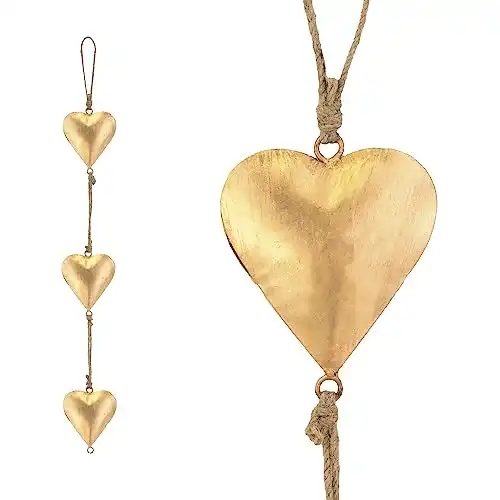 Vintage Metal Heart Wall Art - 3D Sign with Hanging Love Symbol | Rustic Farmhouse Décor | Golden Antique Finish | 27 Inches | Perfect for Home Ambiance and Valentine's Day Gifts.