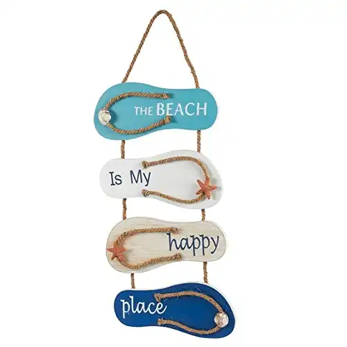 Juvale Wooden Beach Wall Hanging Decor Sign, Flip Flop Beach Decorations for Home, Bathroom, Living Room, Bedroom, Dining Room, The Beach is My Happy Place (8.7×20.9 In)