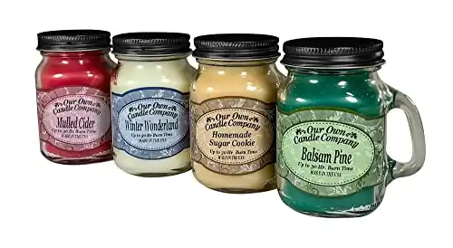 Our Own Candle Company 4 Pack Christmas Assortment Mini Mason Jar Candles - 3.5 Oz Balsam Pine, 3.5 Oz Homemade Sugar Cookie, 3.5 Oz Mulled Cider, 3.5 Oz Winter Wonderland
