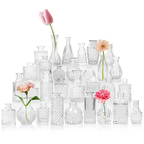 BUIBN Small Glass Vases Bulk Set of 30, Mini Vases for Flowers, Wedding Vases Centerpieces, Clear Bud Vases in Bulk, Vintage Vase for Party Home Dining Rustic Table Flower Decor