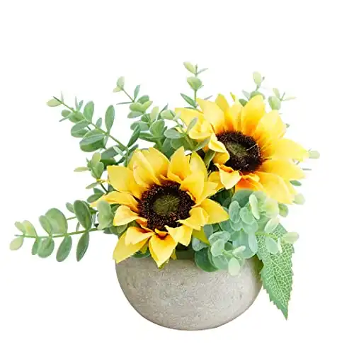 Rosscer Artificial Flowers Kit with Pot, Combination of Fake Silk Sunflowers and Greenery,Small Plant Potted Decor for Offices,Bookshelf,Bedroom, Living Room,Party,Wedding Decorations…