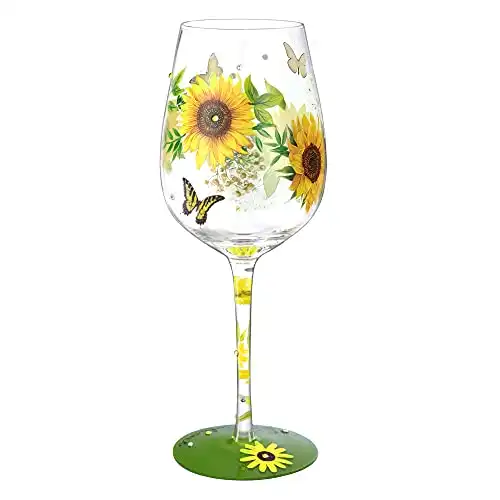 NymphFable Hand-painted Wine Glass Sun Flower Butterfly Artisan Painted 15oz Personalised SunFlower Gifts for Women
