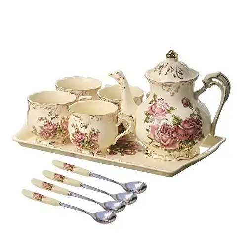 YOLIFE Porcelain Tea Set Vintage Rose, Tea Cups with Teapot, Serving Tray and Teaspoon Service for 4, Suitable for Tea Party Gifts