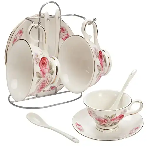 Viktorwan Porcelain Tea Cup and Saucer Coffee Cup Set with Saucer and Spoon, Set of 7 (2 Tea Cups, 2 Saucers, 2 Spoons, and 1 Bracket)