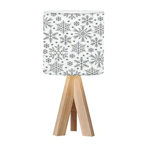 Tripod Bedside Desk Table Lamp line Seamless Pattern Layered Winter Season Ornate Star Snow Flakes Wood Nightstand Lamp with Linen Fabric Shade for Nursery Bedroom Living Room Kids Room